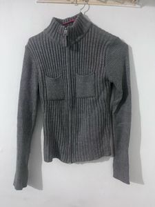 Grey Ribbed Zip-Up Sweater