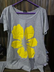 Grey T-Shirt with Yellow Flower Print