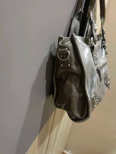 Stylish Grey Leather Handbag with Studs