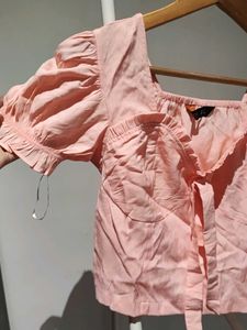 Chic Pink Puff Sleeve Tie Front Top