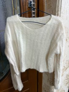 Cream Fuzzy V-Neck Sweater