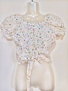 Cute Floral Tie-Front Puff Sleeve Top