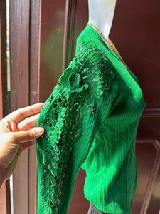 Vibrant Green Embellished Long Sleeve Top