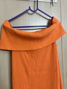 Orange Off-Shoulder Ribbed Mini Dress