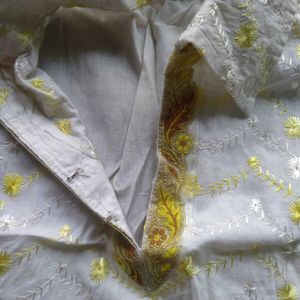 White Kurta with Yellow Embroidery