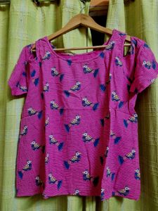 Pink Cold Shoulder Top with Bird Print