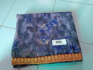 Blue Printed Saree With Unstitched Blouse
