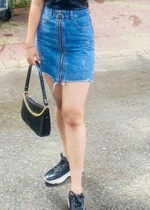 Distressed Denim Mini Skirt with Zipper