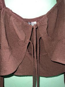 Chic Brown Lace-Up Puff Sleeve Top