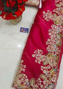 Beautiful Hot Pink Embroidered space Silk Saree