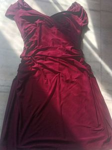 Maroon Ruched Off-Shoulder Dress