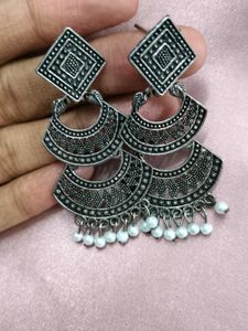 set of 2 Ethnic Silver Dangle Earrings