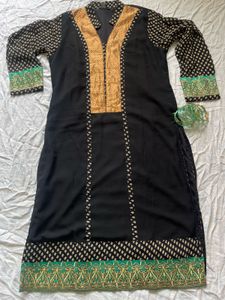 Elegant Black Kurta with Gold and Green Embellishm