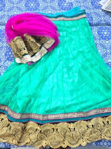 Green Unstitched Lehenga Skirt with Golden Border