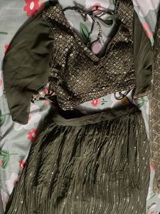 Olive Green Sequined Lehenga Set