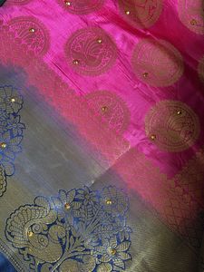 Vibrant Pink Silk Saree with Gold Peacock Motifs