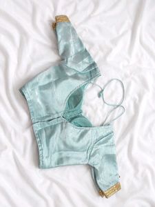Stunning Sky Blue Silk Blouse with Gold Trim
