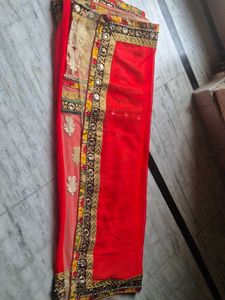 Red Embellished Saree with Lace