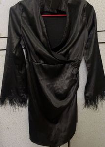Black Feather satin Trim Mini Dress