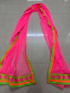 Vibrant Hot Pink Net Dupatta with Neon Chevron &amp; Z