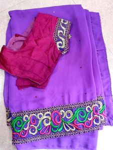 Vibrant Purple Saree with Embroidered Border