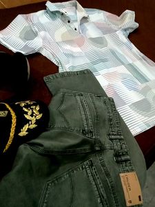 Stylish Geometric Print Shirt &amp; Olive Jeans Set