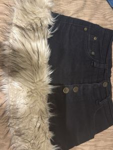 Black Denim Mini Skirt with Fur Trim