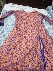 Peach Kurta Set with Blue Embroidery jacket
