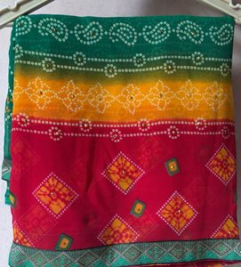 Beautiful Green Red &amp; Yellow Bandhani Print Ethnic
