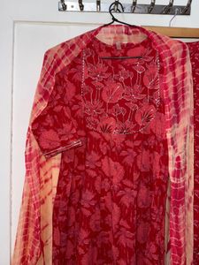 Red Floral Anarkali with Dupatta