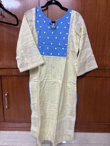 Stylish Cream & Blue Cotton Kurta hand painted