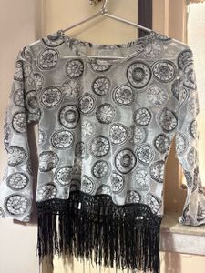 Sheer Clock Print Top with Fringe