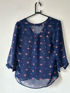 Chic Navy Floral Print Sheer Blouse