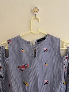 Embroidered Cold Shoulder Striped Peplum Top