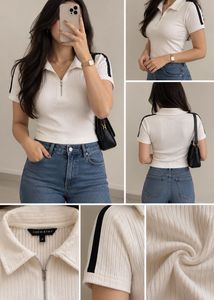 Ribbed Zip Polo Top with Stripe Detail
