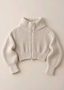 CREAM CROPPED ZIP-UP KNIT SWEATER