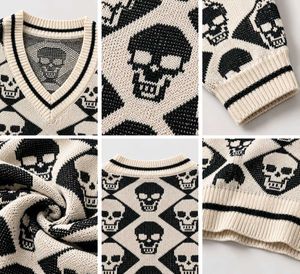 SKULL PATTERN V-NECK KNIT SWEATER