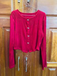Chic Red Pleated Button-Up Top
