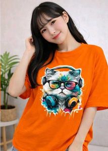 Orange Graphic oversized Tshirt with Cat Design
