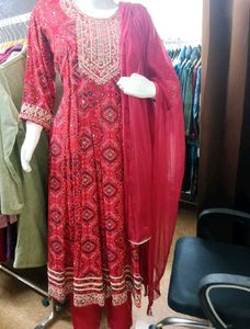 Red Printed Kurta with Pants and Dupatta