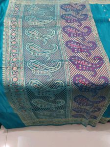 Teal Embroidered Silk Saree