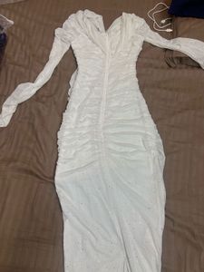 Sparkly White Ruched Long Sleeve Dress