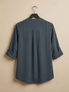 Stylish Band Collar Roll-Tab Sleeve Blouse