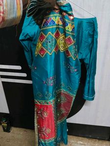 Teal Kurta Set with Embellished Neckline