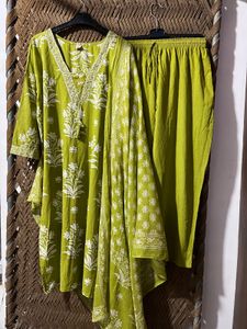 Lime Green Floral Kurta Set with Dupatta