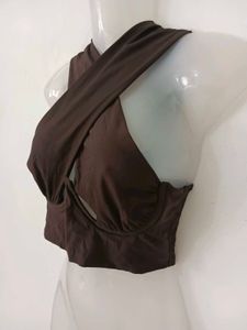 Stylish Brown Halter Neck Crop Top