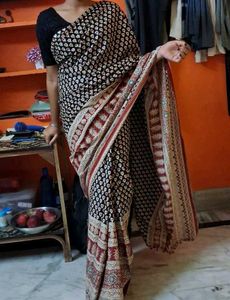kalamkari ajrakh black cotton saree