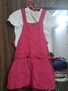 Red Dungaree Dress With White Top