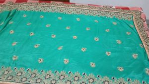 Elegant Turquoise Embroidered Saree Jari work, pea
