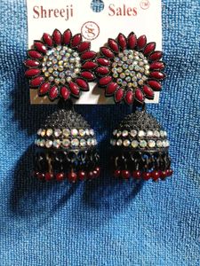 Beautiful Red & Crystal Jhumka Earrings